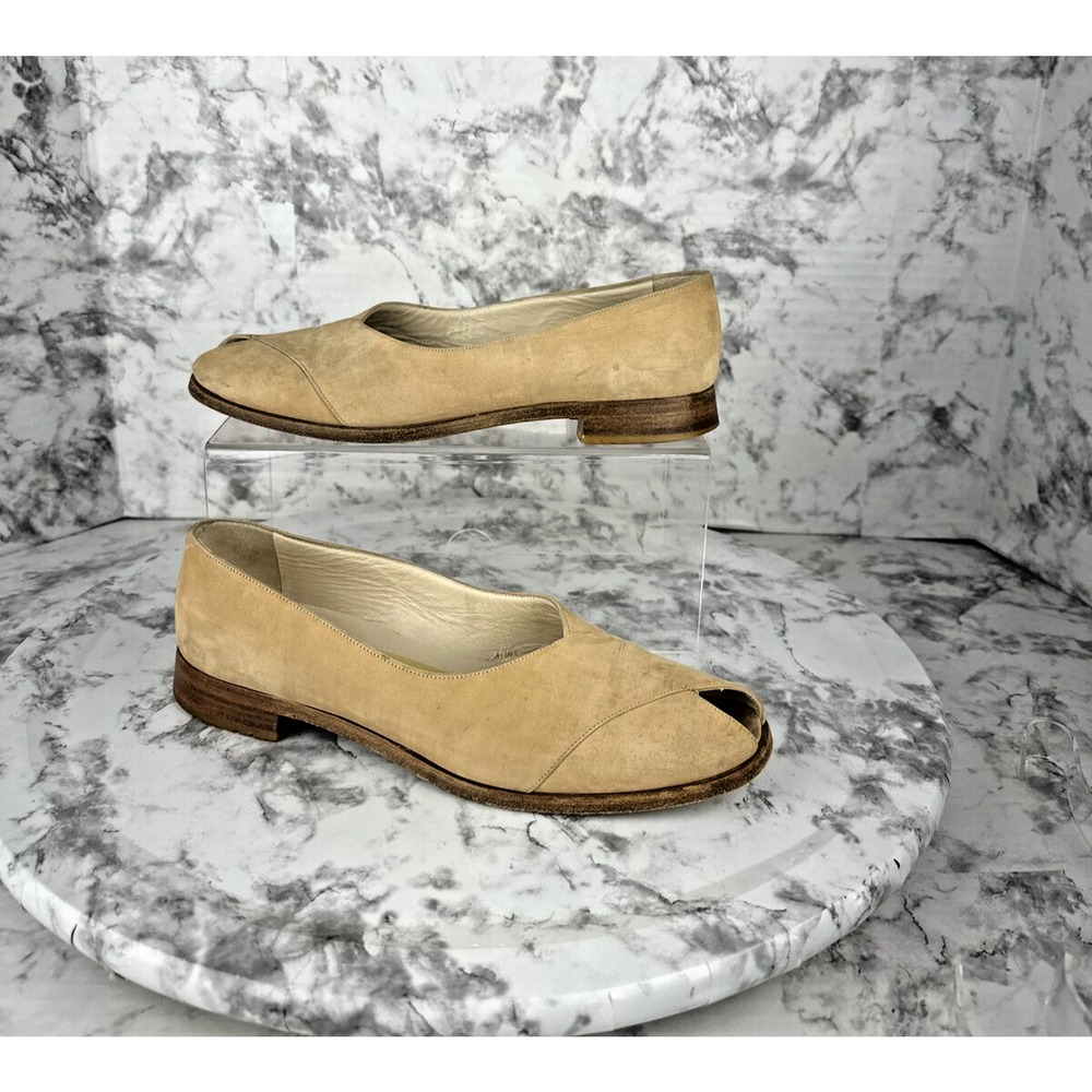 Giorgio Armani Womens Peep Toe Flat Loafer Size 37.5 US 7.5 Beige Nubuck Leather